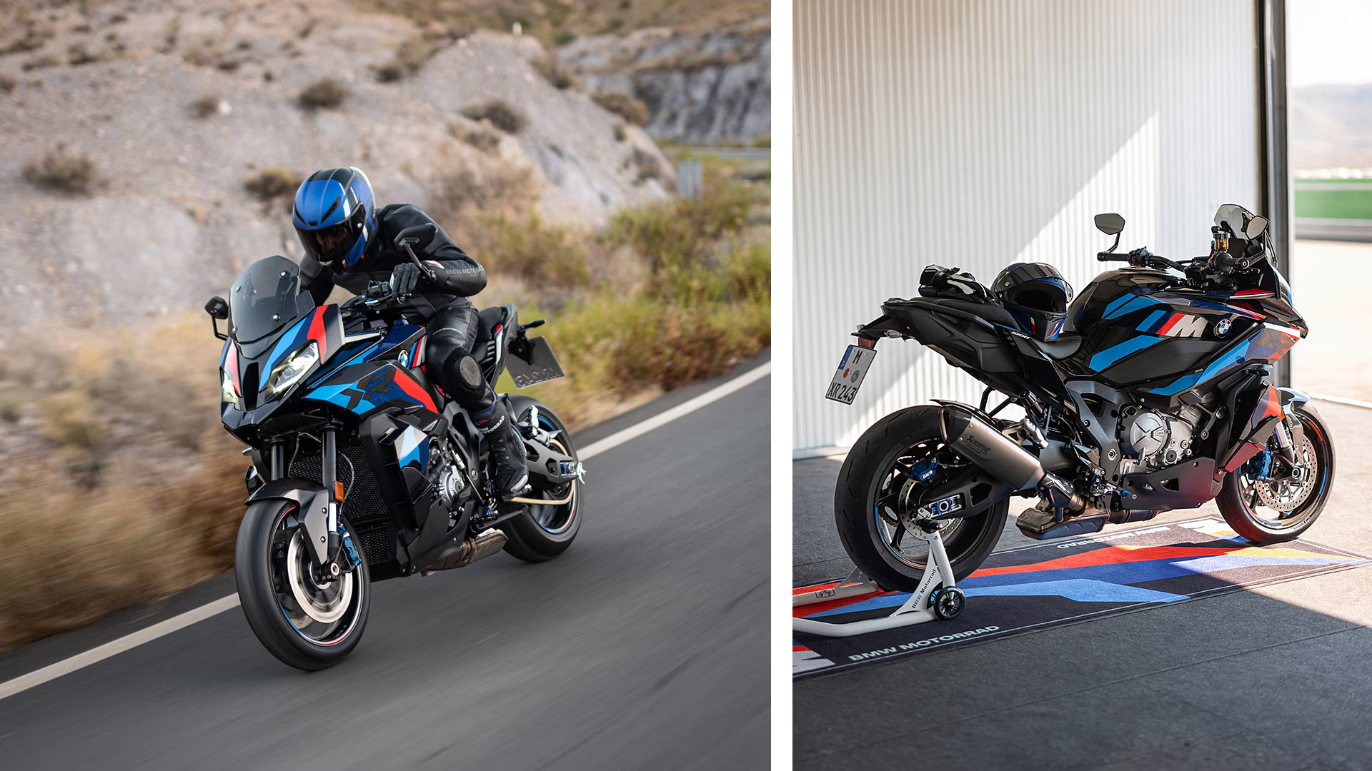 BMW Motorrad M 1000 XR sur route de montagne, vue arrière.