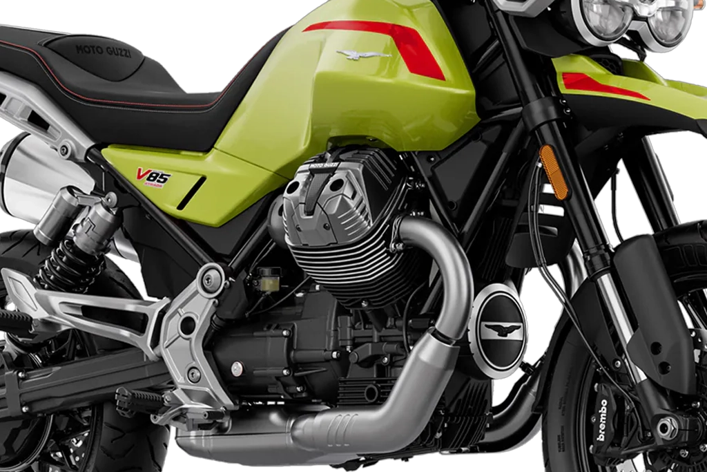 Vue avant de la Moto Guzzi V85 TT, phare rond et garde-boue haut